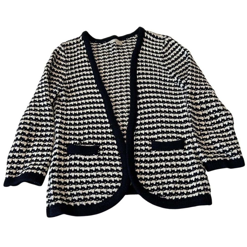Loft Women's Open Front Cardigan Sz M Blue/White Geo Print Cotton Faux Pockets